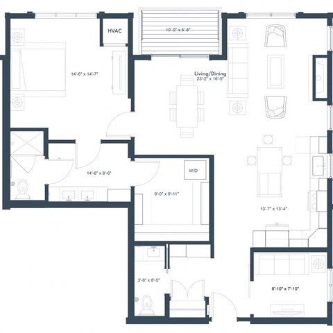 Floor plan for 1 bed, 1.5 baths, 1173 sqft